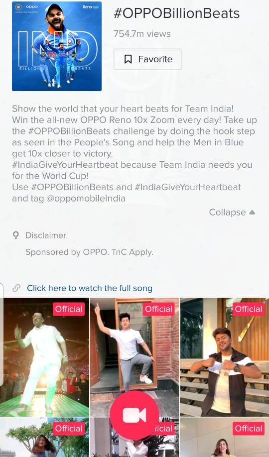 #OPPOBillionBeats TikTok campaign by Oppo mobiles for launch of OPPO Reno 10x Zoom